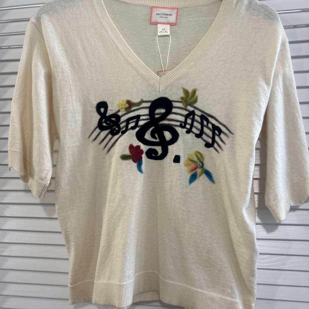 Ivory V-Neck Sweater With Musical Motif